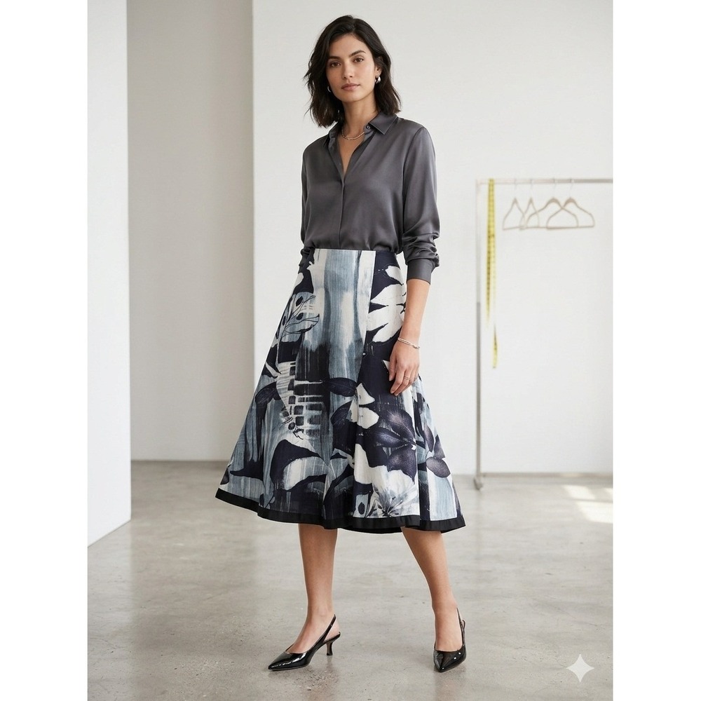 Chicos Silk‎ Blend Abstract Floral A-Line Skirt Navy Blue White Size 2 Large